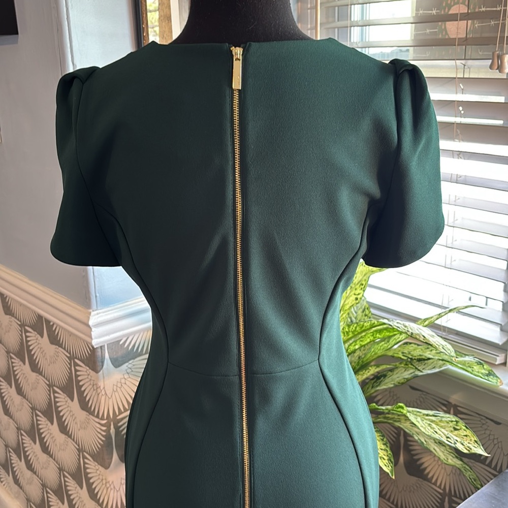 Calvin Klein Dark Emerald Green Midi Work Dress Sheath cap sleeve tulip sleeve - Picture 4 of 7